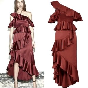 Amur Garnet Satin Ruffle Maxi Dress Cocktail Party Gown NYE Holiday Formal